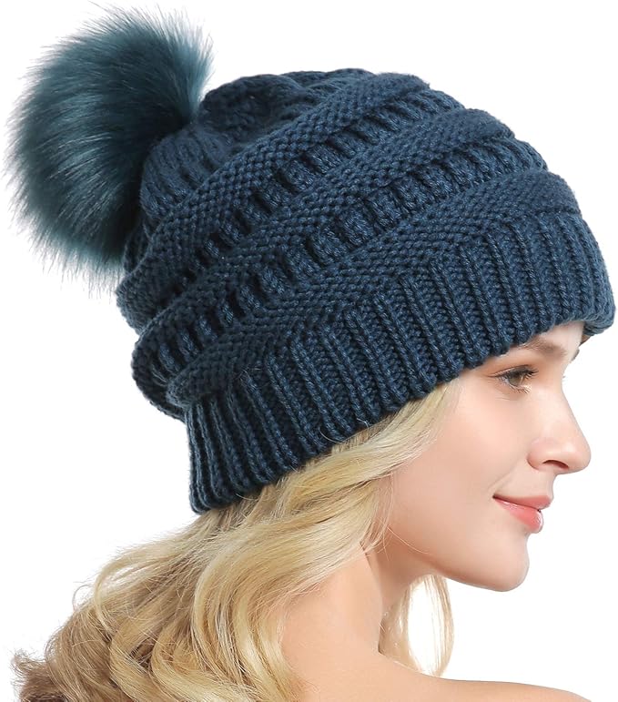 QUEENFUR Women Knit Slouchy Beanie Chunky Baggy Hat with Faux Fur Pompom Winter Soft Warm Ski Cap
