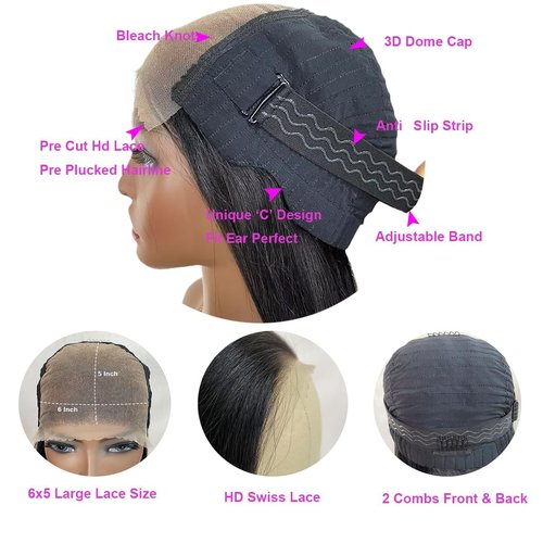 LATTIXXIA 6x5 HD Lace Front Wig Wear and Go Glueless Wigs Human Hair Pre Plucked Pre Cut 200% Density Straight Lace Front Wigs Human Hair Glueless Lace Front Wigs For Women 22 Inch
