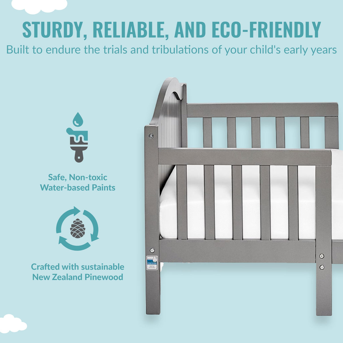 Dream On Me Portland 3 In 1 Convertible Toddler Bed in Steel Grey, Greenguard Gold Certified, JPMA Certified, Low To Floor Design, Non-Toxic Finish, Pinewood