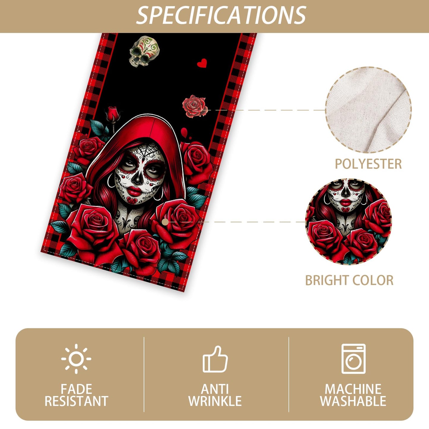 Day of The Dead Table Runner Dia De Los Muertos Tablecloth Sugar Skull Roses Mexican Fiesta Halloween Party Decoration and Supplies for Home Kitchen Table-13×72''