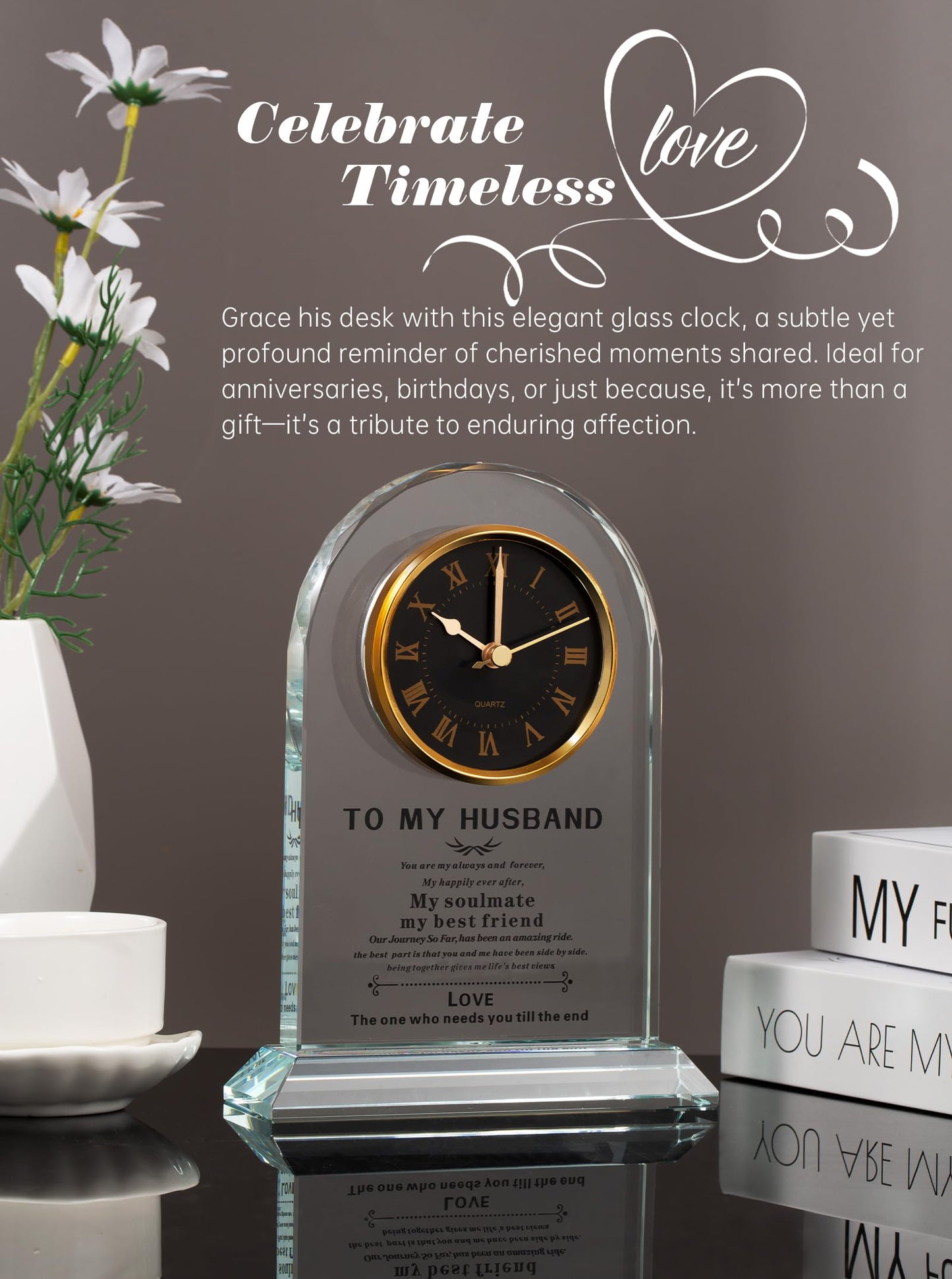 WinTaim Romantic Glass Clock for Husband Gift from Wife, Perfect for Anniversary, Birthday, Christmas, & Valentine's Day, Unique Gift Idea for Husbands Who Have Everything