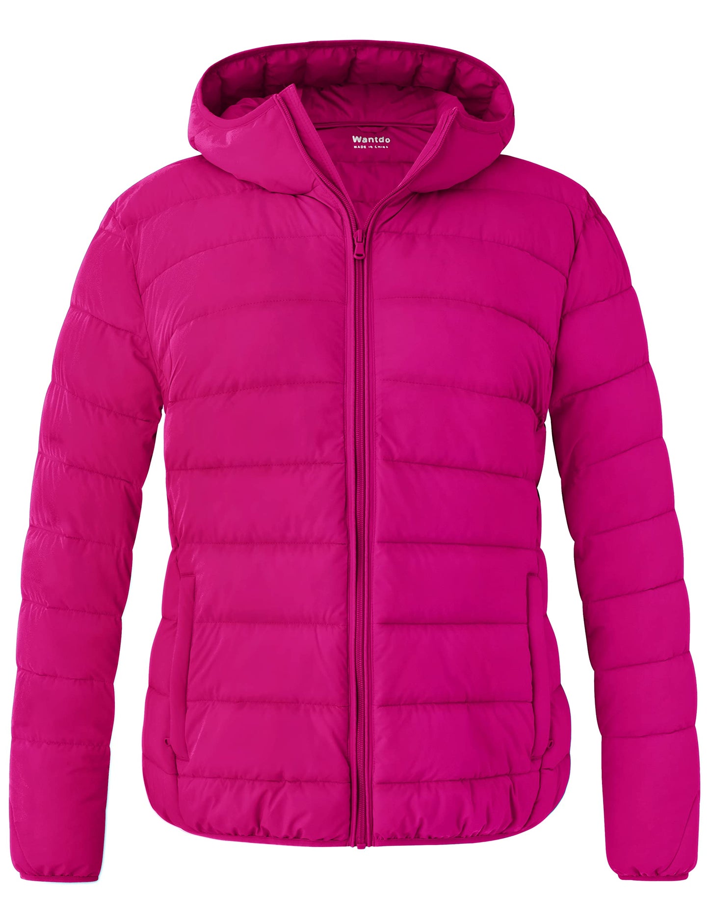 wantdo Plus Size Puffer Jacket Women Quilted Hooded Winter Coats Rose Red 3X