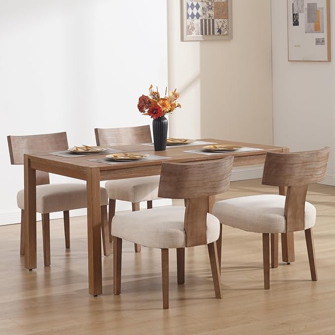 DM Furniture Linen Dining Chairs Set of 4 with Natural Wood Legs, Farmhouse Upholstered Side Chairs with Curved Backrest for Living Room/Restaurant, Beige