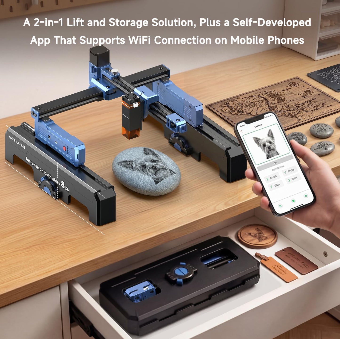 Artilume T1-P Laser Engraver 7000mW, APP Control, Foldable Design with Height Extension and Protective Enclosure, Portable Laser Cutter and Engraver Machine, 200x150mm Large Engraving Area