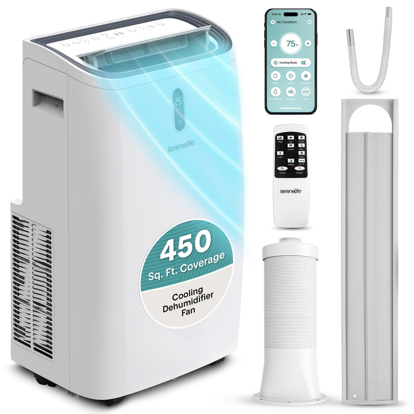 SereneLife Portable Air Conditioner 12000 BTU | Cools Rooms up to 450 sq ft | 3-in-1 Cooling, Fan & Dehumidifier | 24-Hour Timer & Remote | Standing Portable AC Unit with Window Kit Included