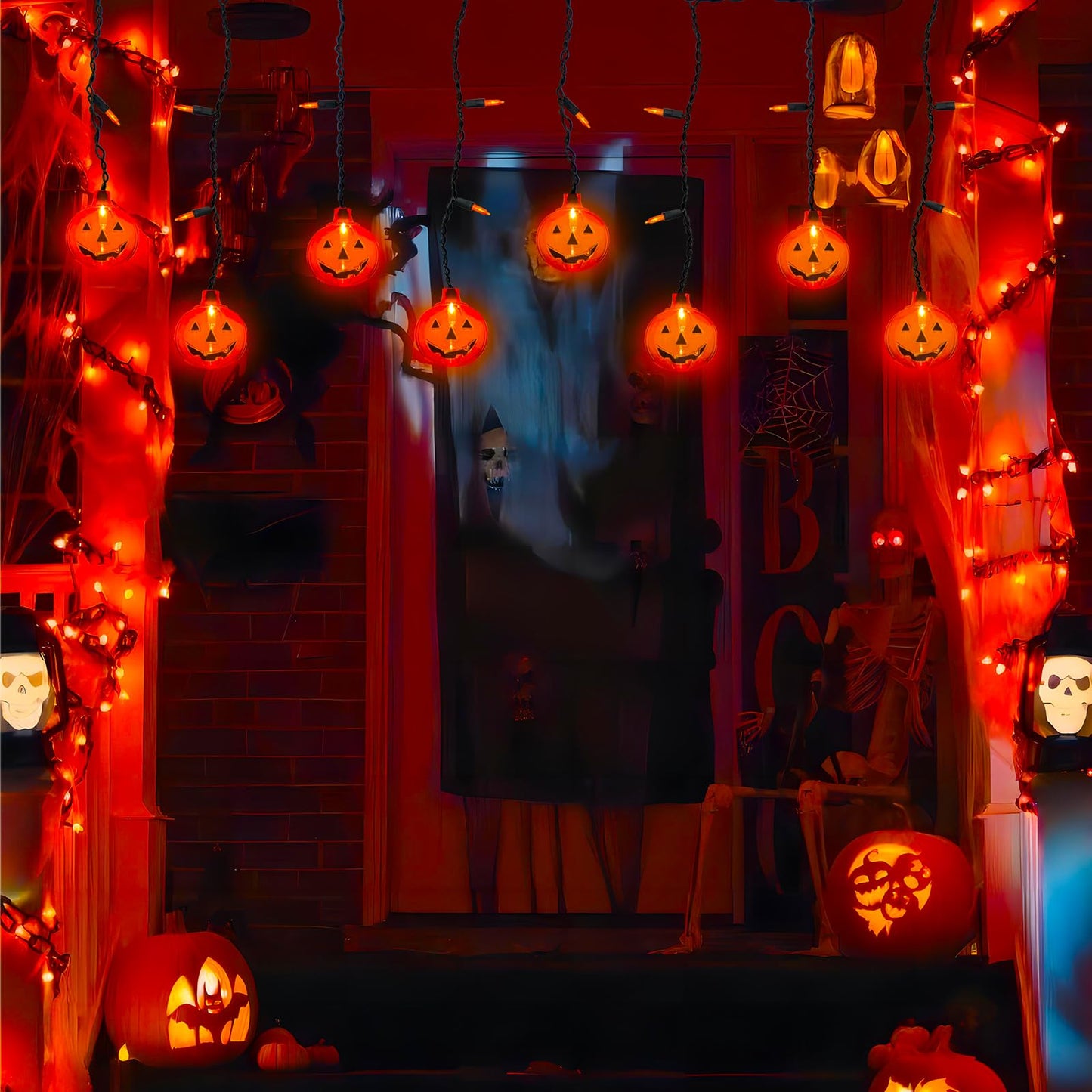 Halloween Pumpkin String Lights, Indoor Curtain With 10 Jack-O'-Lanterns and 25 Mini LED Bulbs, Plug-in for Outdoor Party Bedroom Window