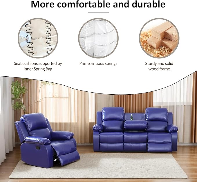 A Ainehome Living Room Furniture Set Leather Recliner Sofa Set Loveseat Chair Furniture Sofa Set for Living Room/Small Space/Rv/House/Office/Theater Seating (A-Blue Leather, Sofa+Chairs)