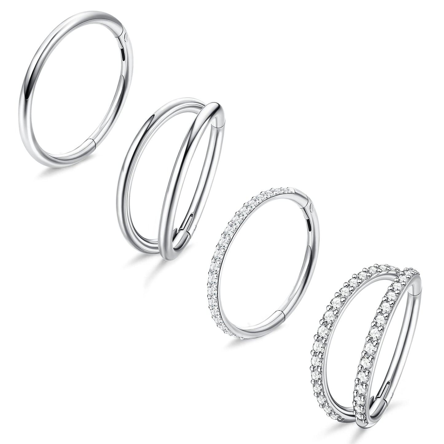 Dochais 4PCS 18G Nose Rings Hoops, Surgical Steel Earrings Tragus Septum Piercing CZ Clicker Ring, Hinged Segment Conch Lip Cart