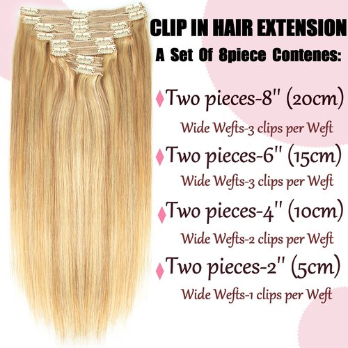 Human Hair Clip in Extensions Dark Blonde Highlighted Bleach Blond Full Head Silky Straight Clip in Natural Remy Human Hair Extensions 120g 8pcs (16 inch, #18/613)