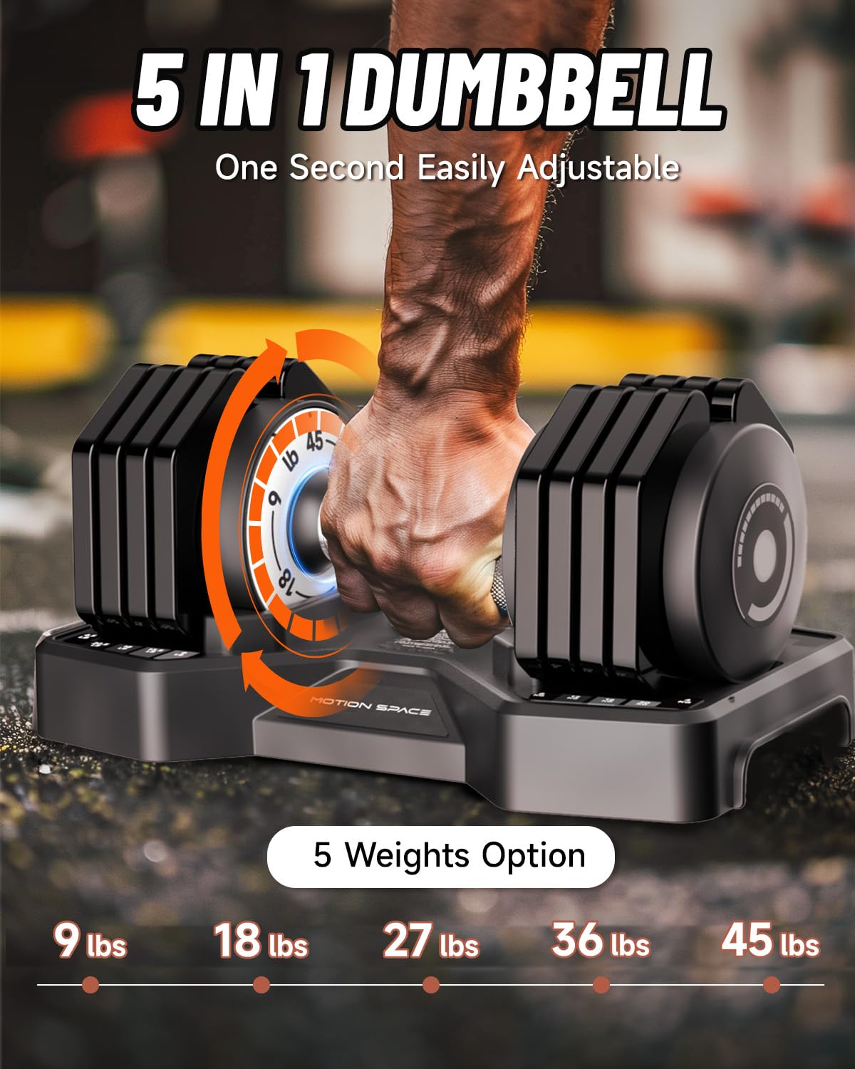 Adjustable Dumbbells Set 45LB Single, 1-Sec Fast Adjustable 5 Weights by Turning Handle, Premium Comfort Non-slip Metal Dumbbells with Tray, Compact Size for Full Body Home Workout (Black)