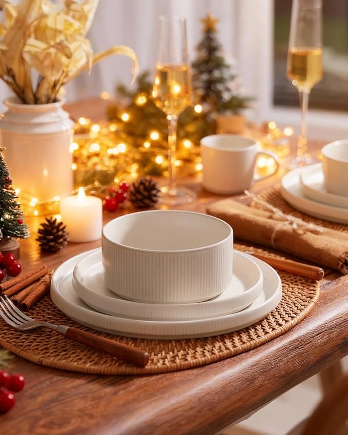 Famiware Star Dinnerware Set with Pasta Bowls, Service for 4 (16pcs), Ribbed Stoneware Plates and Double Bowls Dishes Sets - Chip & Scratch Resistant, Microwave & Dishwasher Safe, Matte White