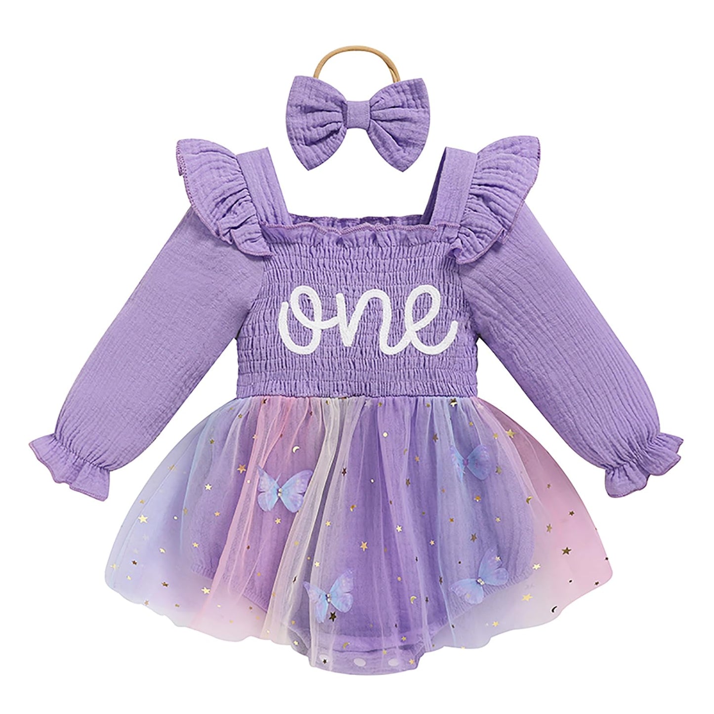 TITKKOP Baby Girl 1st Birthday Clothes One Year Old Tulle Romper Long Sleeve Bodysuit Cake Smash Outfits(butterfly-purple,12-18M)