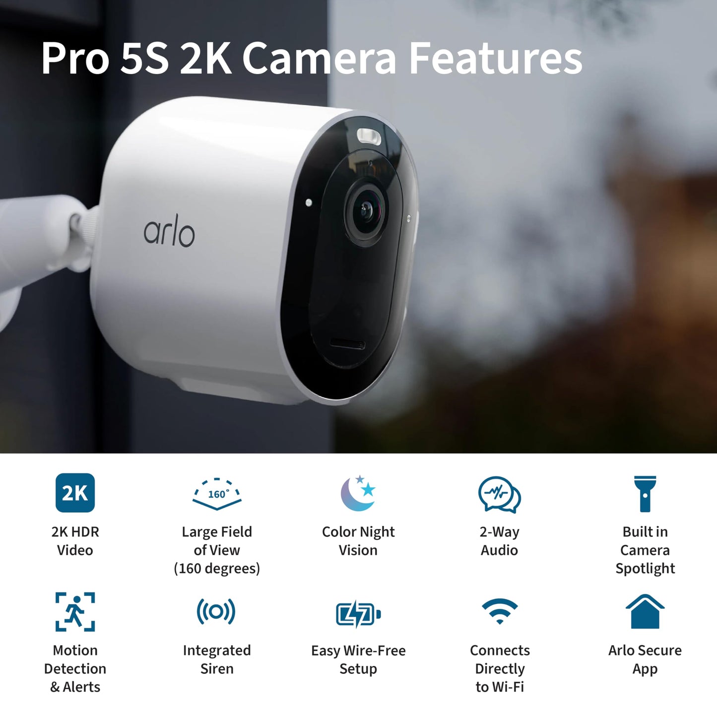 Arlo Pro 5S 2K HDR wireless outdoor security camera, color night vision, 160° FOV, rechargeable battery, weatherproof, 4-camera kit, white