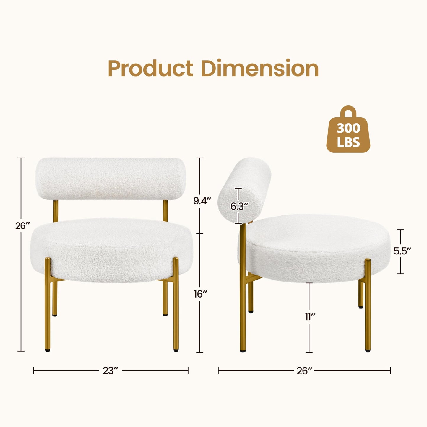 Topeakmart Modern Vanity Chair, Boucle Fabric Accent Chair with Gold Metal Legs for Living Room Makeup Room, White