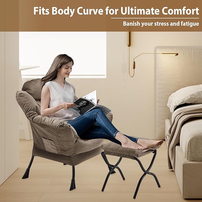 Youtanic Lazy Chair with Folding Ottoman, Accent Chair Velvet Upholstered with Metal Structure and Non-Slip Pads, Sofa Armchair with Footrest and Side Storage Bag for Dorm, Room, Office, Dark Gray