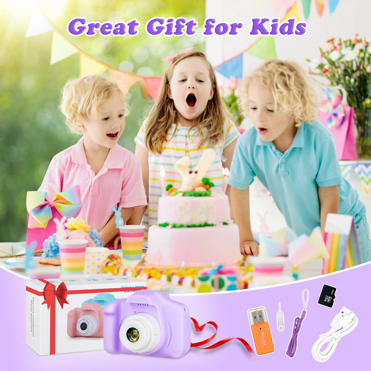 Zeacool Kids Camera, HD Digital Video Camera, Childrens Toys for 3 4 5 6 7 8 9 Year Old Boys/Girls, Selfie Camera for Kids, Christmas Birthday Gifts with 32GB SD Card (Purple)