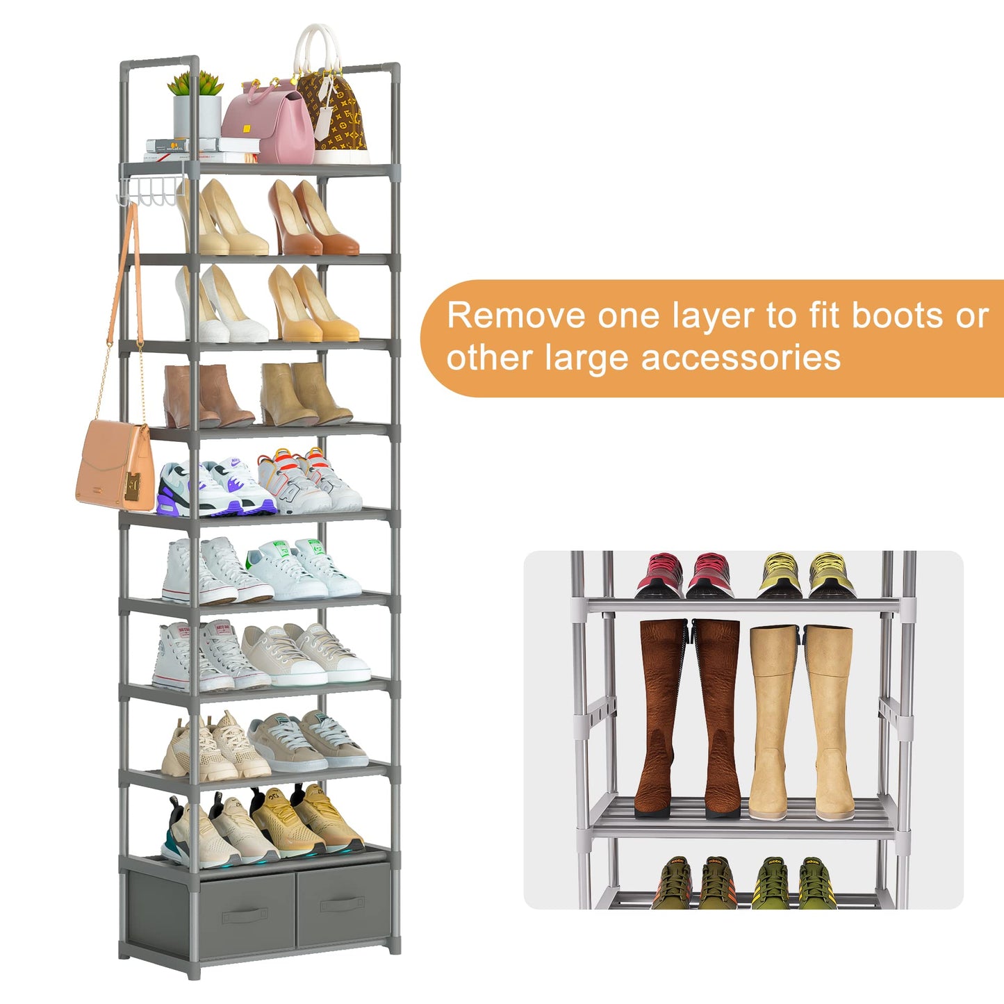 OYREL Shoe Rack, Sturdy Metal Shoes Rack Organizer,Narrow Shoe Rack,Shoe Racks for Closets,Shoes Rack,Shoe Stand,Shoe Shelf (10 Tier with 2 Boxes and 1 Hook)