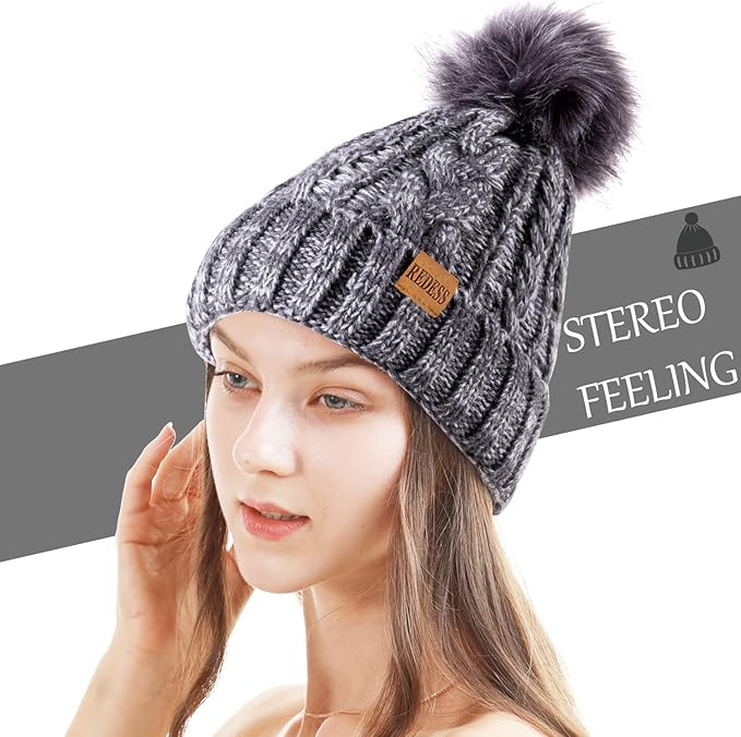REDESS Women Winter Pompom Beanie Hat with Warm Fleece Lined, Thick Slouchy Snow Knit Skull Ski Cap