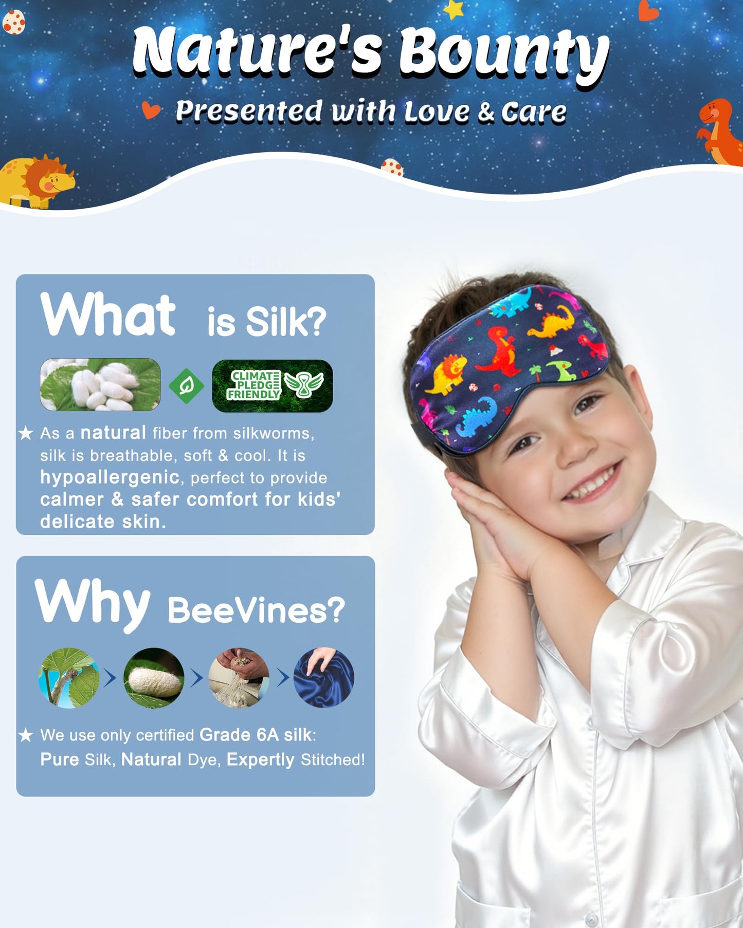 BeeVines Kids 100% Real Mulberry Silk Sleep Mask 2 Pack, Original Design Pure Silk Sleeping Eye Masks for Boys, Skin-Friendly Blackout Eye Cover, Adjustable Strap, Reduce Puffy Eyes, for Travel Gifts