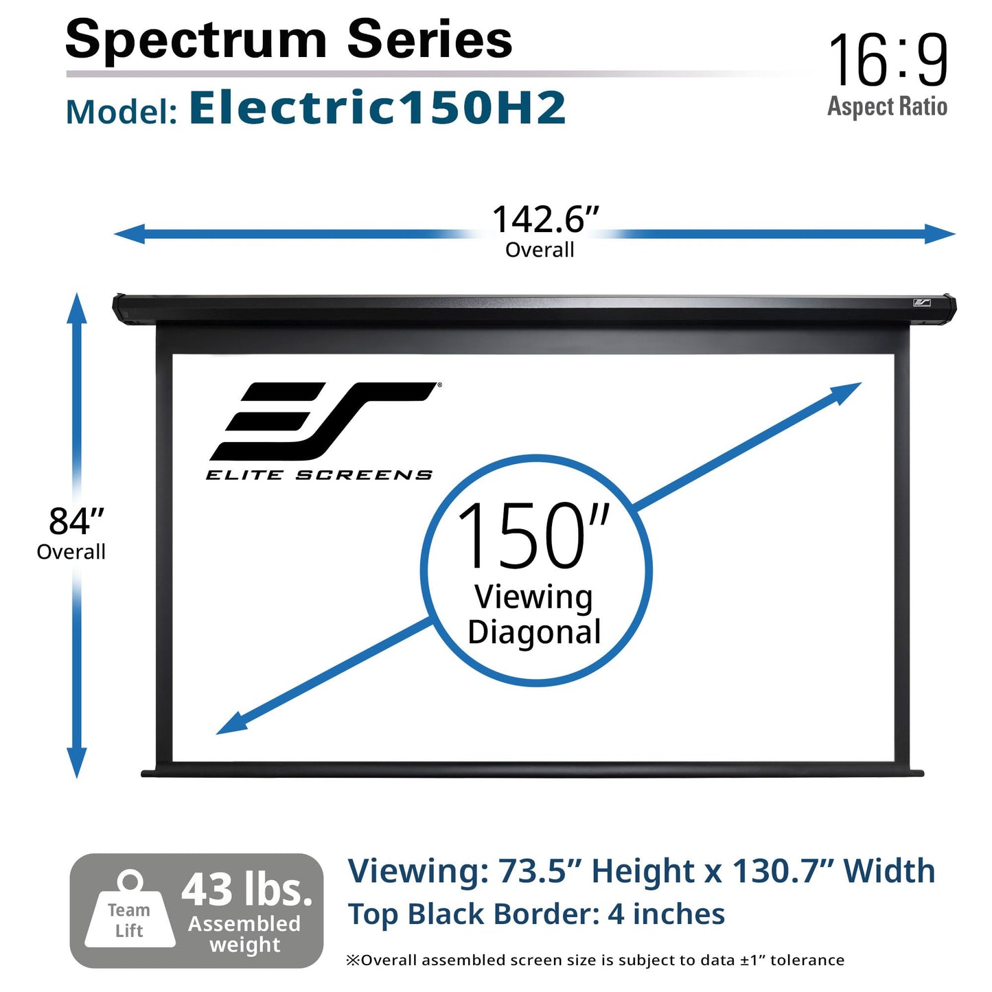 Projector Screen Elite Screens Spectrum, 150-INCH Diag 16:9, Motorized Projection Screen Movie Home Theater 4K/8K Ultra HD Ready, Black Case, ELECTRIC150H2