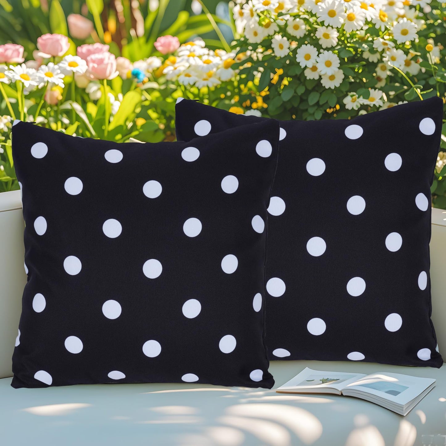 Eternal Beauty Set of 2 Waterproof Outdoor Pillow Covers for Spring Summer Patio Throw Pillows, Black White Polka Dot, 18X18 inches