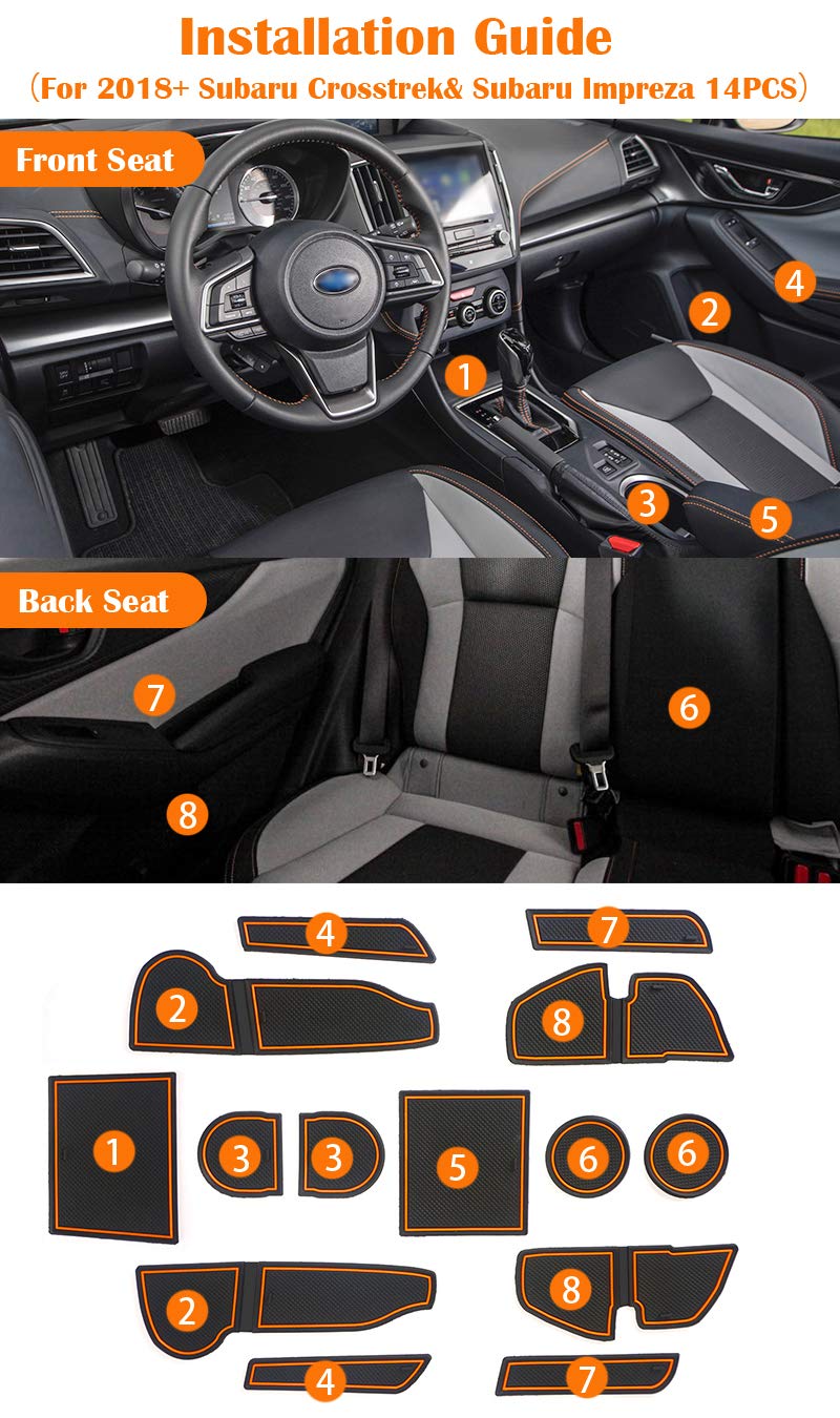 Auovo Anti-dust Door Mats for 2018 2019 2020 2021 2022 2023 Subaru Crosstrek and 2018-2023 Impreza Gate Door Liners Inserts Cup Console Mats Interior Accessories(Pack of 14) (Orange)
