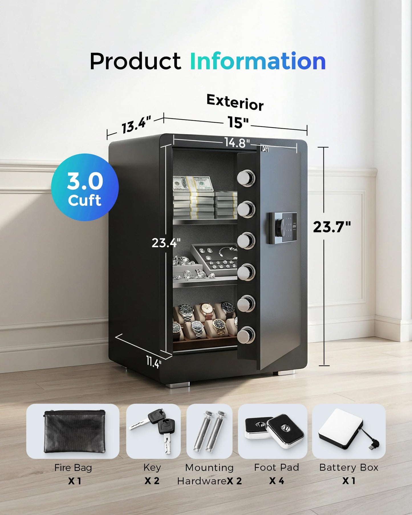DAYI Biometric Fingerprint Safe Box, 3.0 Cubic Feet Home Safes with Fireproof Bag, Digital Touchpad Security Safe for Money Cash Documents, Dual Alarm System - 60 Plus+