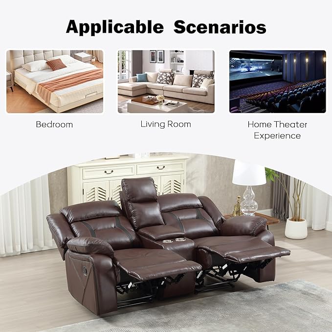 EBELLO Manual Faux Leather Loveseat Recliner, 2 Seat Reclining Sofa Chair with Center Console, Hidden Storage and Cup Holders, Daul Recliner for Living Room, Meeting Room, Dark Brown (Loveseat)