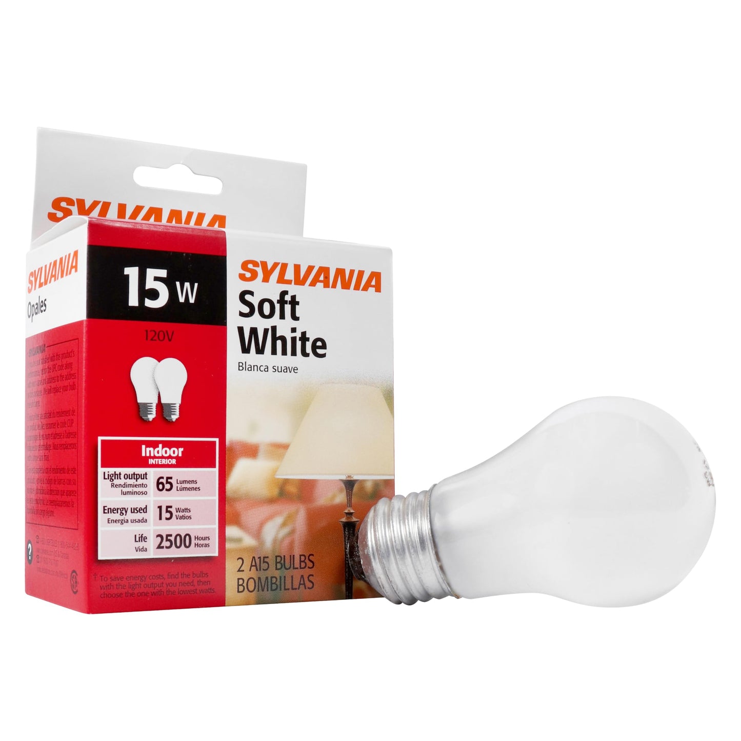 Sylvania Incandescent Appliance Light Bulb, 15W A15, Dimmable, Medium Base, 65 Lumens, Frosted, 2850K, Soft White - 2 Pack (10015)