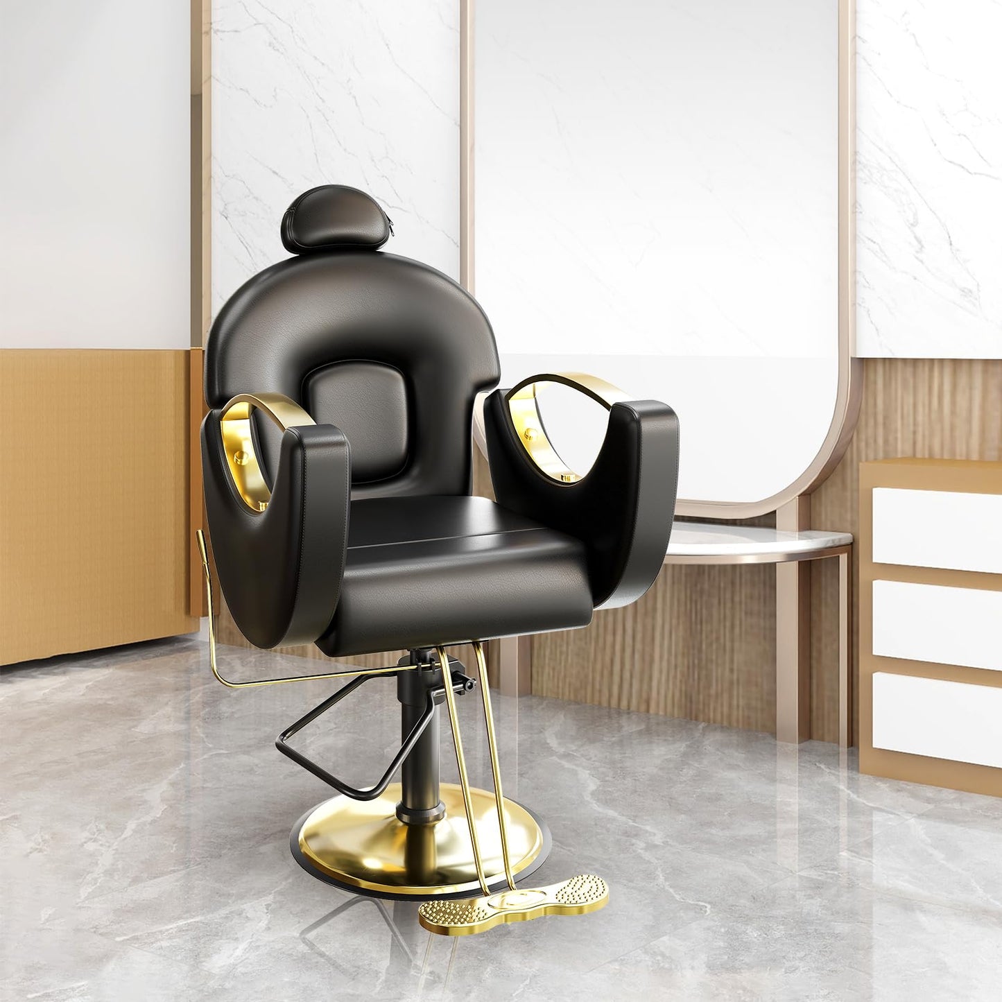 SierraSquad Reclining Barber Salon Chair – 360° Swivel Hydraulic Styling Chair with Heavy Duty Pump, Professional Hairdressing Seat for Barbershop, Home Spa, Salon – Black