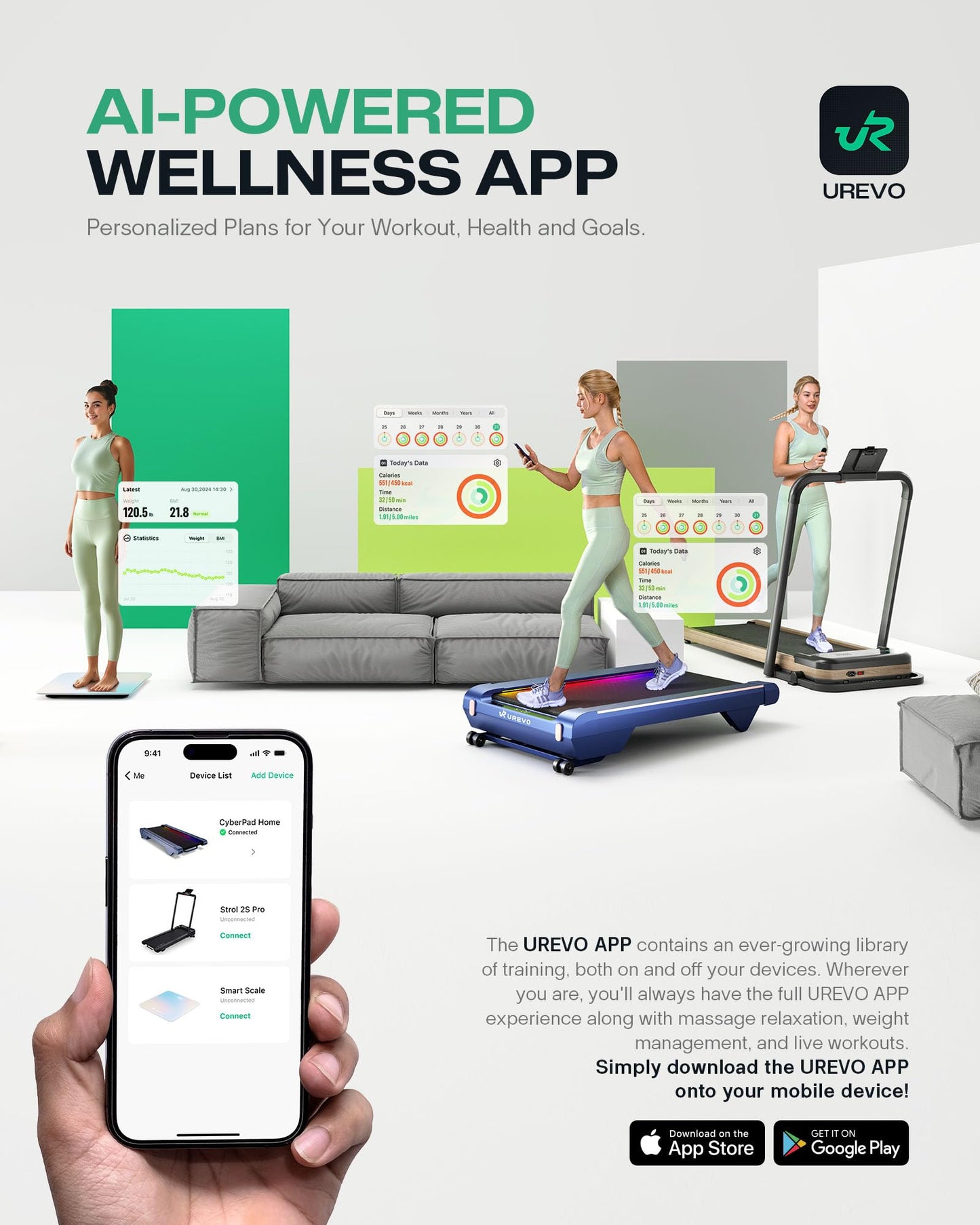 UREVO Smart Treadmill with 9% Incline, 3-in-1 Foldable Treadmill with Handle for Home/Office Fitness, Runner-Focused Design, 6 HIIT Programs & Auto Incline Follow Mode, 2 Display Screens, Plug & Play