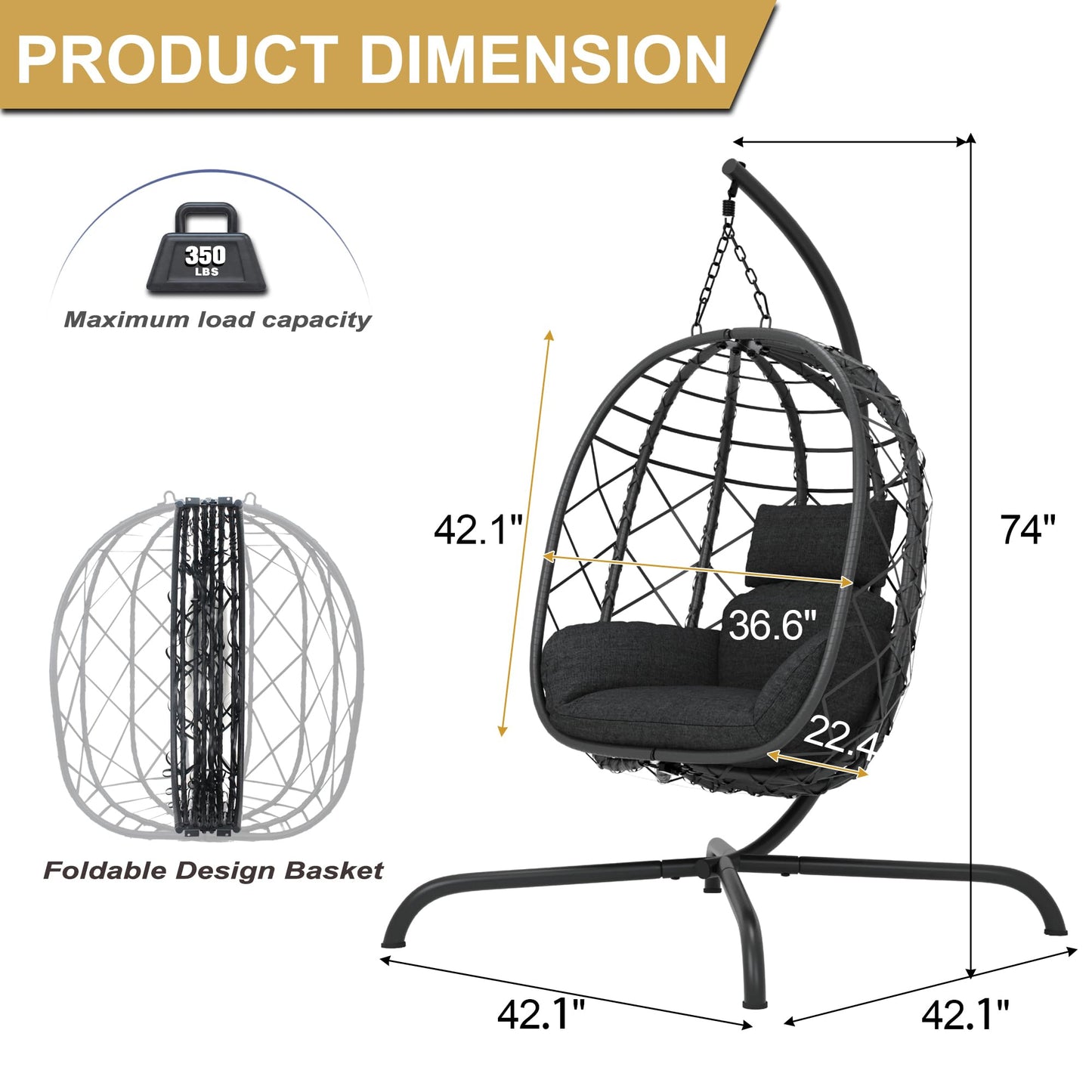 CHINNLUU Outdoor Hanging Egg Chair Outdoor Foldable Wicker Swing Chair with Stand UV Resistant Cushion 350lbs Capacity for Patio, Garden and Balcony