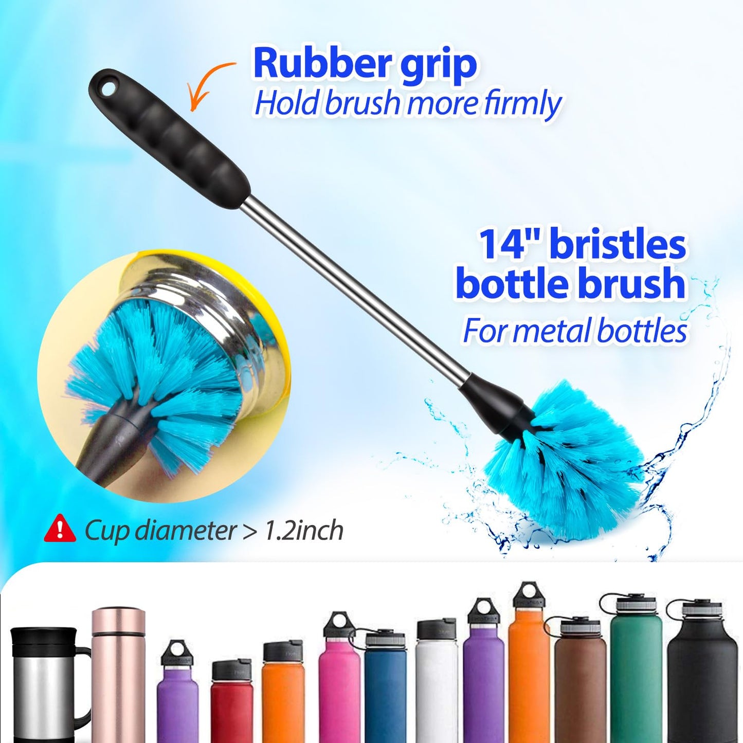 Holikme Bottle Brush Tube Cleaning Lab Set with Long Handle, Cup Cleaner for Washing Narrow Neck Beer Wine Decanter Pipes Lids Sinks Cap Covers, Azul