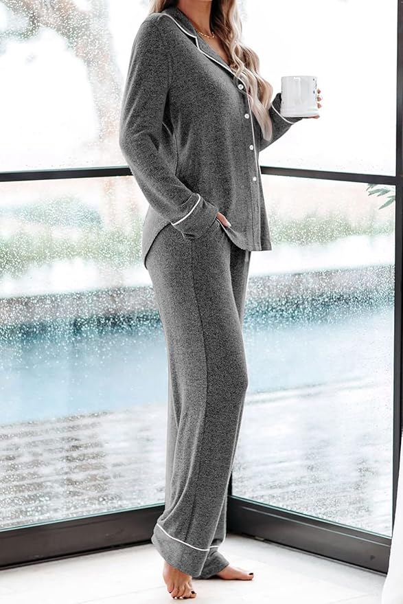 Aamikast Women's Pajama Sets Long Sleeve Button Down Sleepwear Nightwear Soft Pjs Lounge Sets