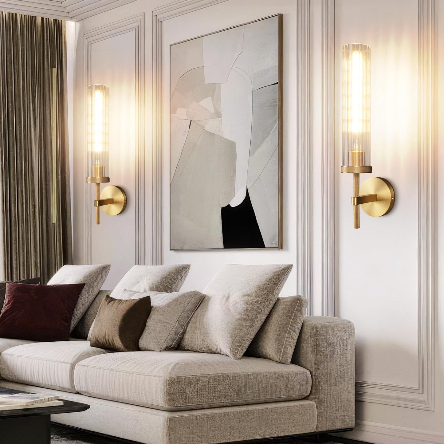 19.5" Knurled Brass Wall Sconces Set of 2, Gold Bathroom Vanity Light Fixtures with Vertical Striped Glass Tube, Modern Lamp Lighting for Bedroom, Living Room, Hallway, Staircase, Mirror, Kitchen