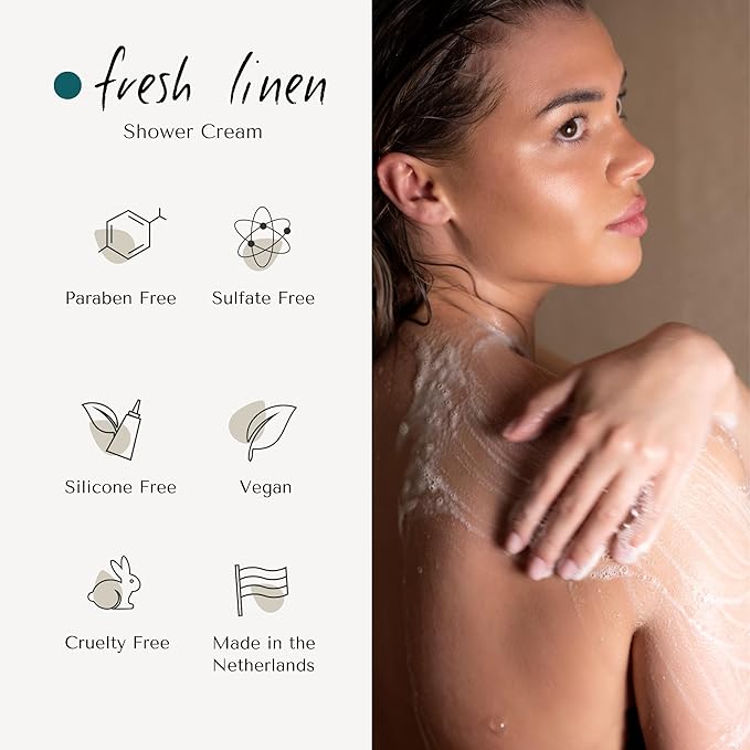 Fresh Linen Shower Cream | Dutch Made & Formulated | Hydrating Body Wash for All Skin Types | Fresh Scent of Bergamot, Jasmine & Rose 200 ML