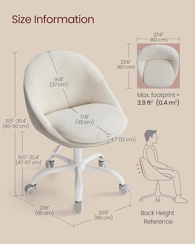 VASAGLE Vanity Chair with Back, Adjustable Swivel Cute Desk Chair with Wheels, Sherpa and PU Leather for Lumbar Support, Compact for Small Spaces, Bedroom, Cappuccino Beige and Cloud White UOBG020W91
