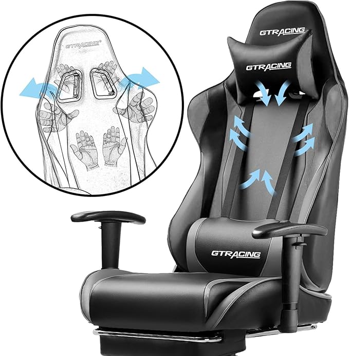 GTPLAYER Gaming Chair with Footrest, Ergonomic Computer Game Desk Chair, Reclining Game Chair Seat Height Adjustment, Swivel Rocker with Headrest and Lumbar (Grey)