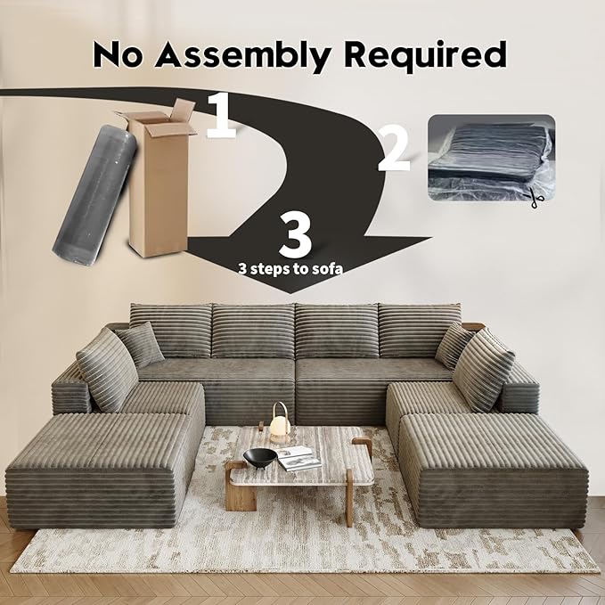 139.4" Modular Sectional Sofa Couch, Oversized U-Shaped Minimalist Couches with 2 Ottomans Chaise and 2 Middle Seats, Modern Deep Seat Cloud Plush Corduroy Sofas Set for Living Room, 8 Seater, Camel