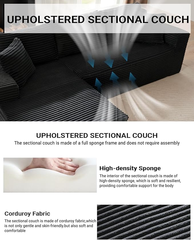 Vanress Cloud Couch Sectional, Corduroy Boneless Couch with L-Shape Chaise, Modern Modular Sectional Sofa Comfy Deep Seat for Living Room, Bedroom, No Assembly (Black, Left Facing Chaise)