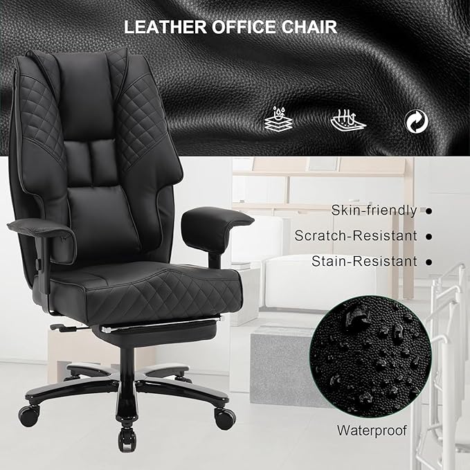 500lb Big and Tall Office Chair, Reclining Office Chairs with Footrest, High Back Leather Executive Computer Chair with Wheels Recliner Home Desk Chairs with Lumbar Support for Heavy People,Black