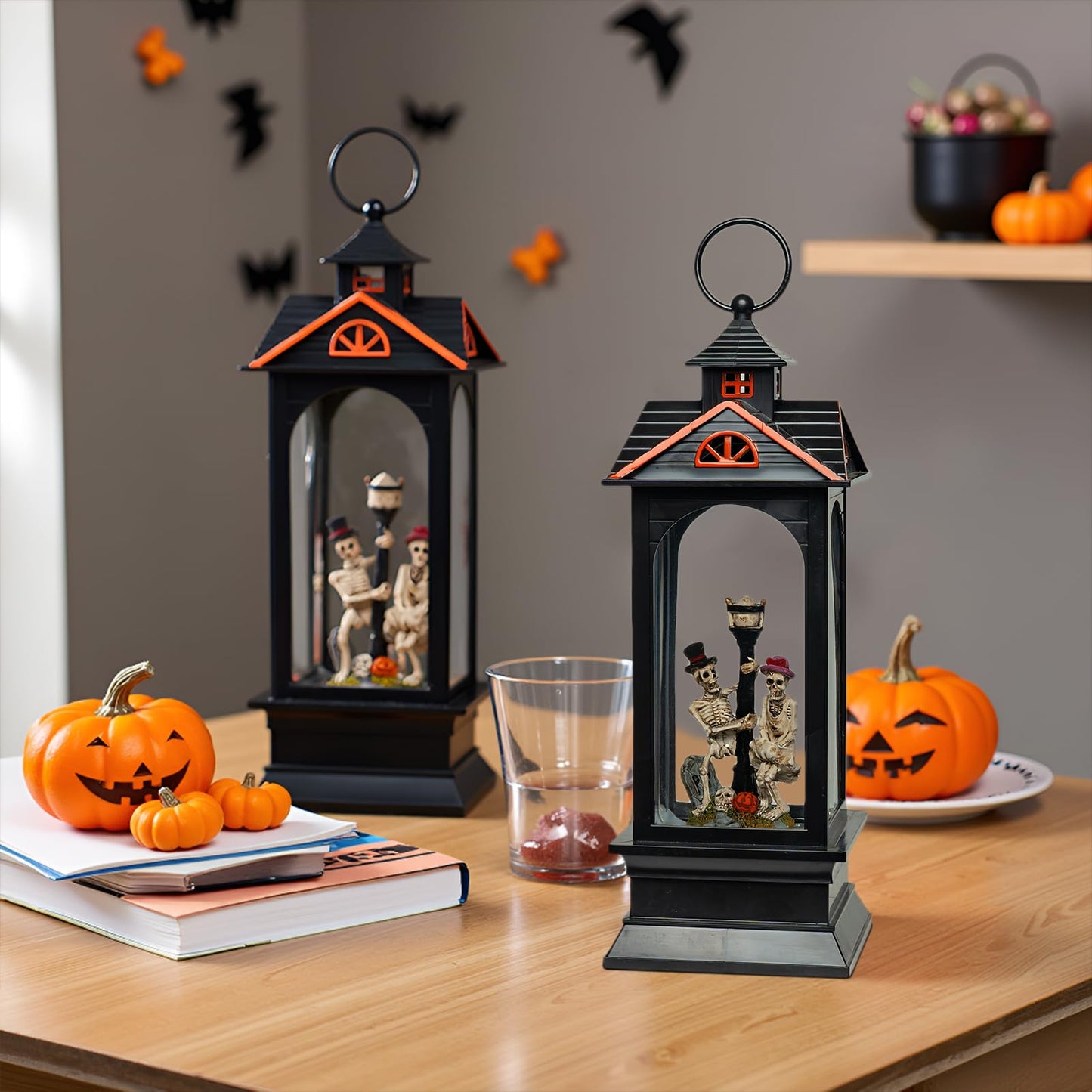 Halloween Snow Globe Lantern with Skull - Ghost Projection Water Lantern with Music - Skeleton Couple with Streetlight and Pumpkin Halloween Decoration for Home - USB or Battery Powered (Style 1)