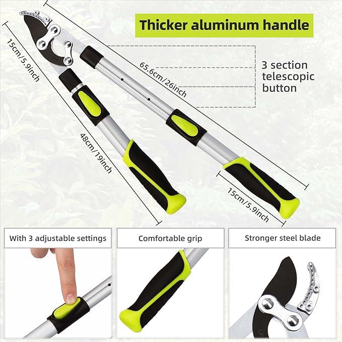 Loppers for Tree Trimming Heavy Duty Branch Cutter with Compound Action, Effortless Tree Pruner Extendable 21-26" Loppers for Gardening, Long Handle Pruning Shears with 1.6" Clean Cut Capacity