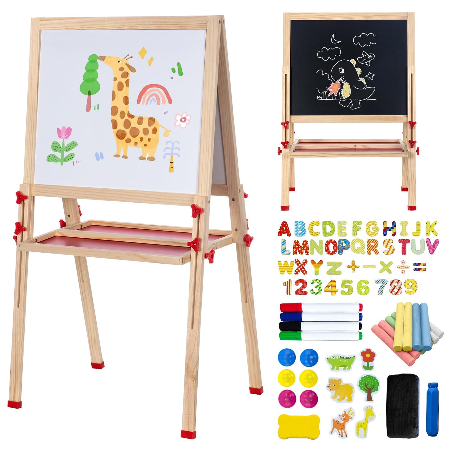 Foldable Kids Painting Easel Double Sided Chalkboard & Magnetic Whiteboard Wooden Art Easel Adjustable Height with Accessories Gift for Toddlers and Kids Ages 3-8