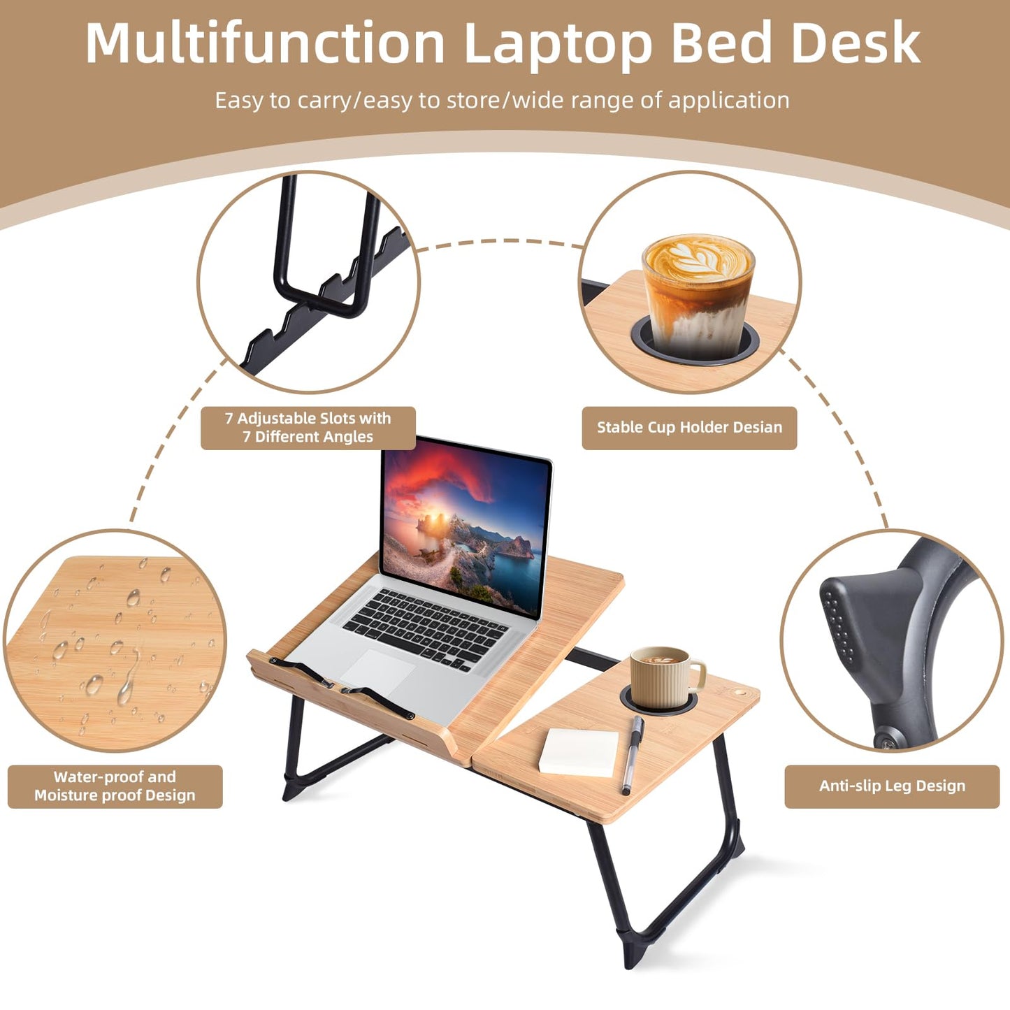 CHURRUP Laptop Lap Desk - Foldable Bamboo Lap Desk with Cup Holder & Breakfast Tray for Bed,Couch, Floor - Working, Eating & More