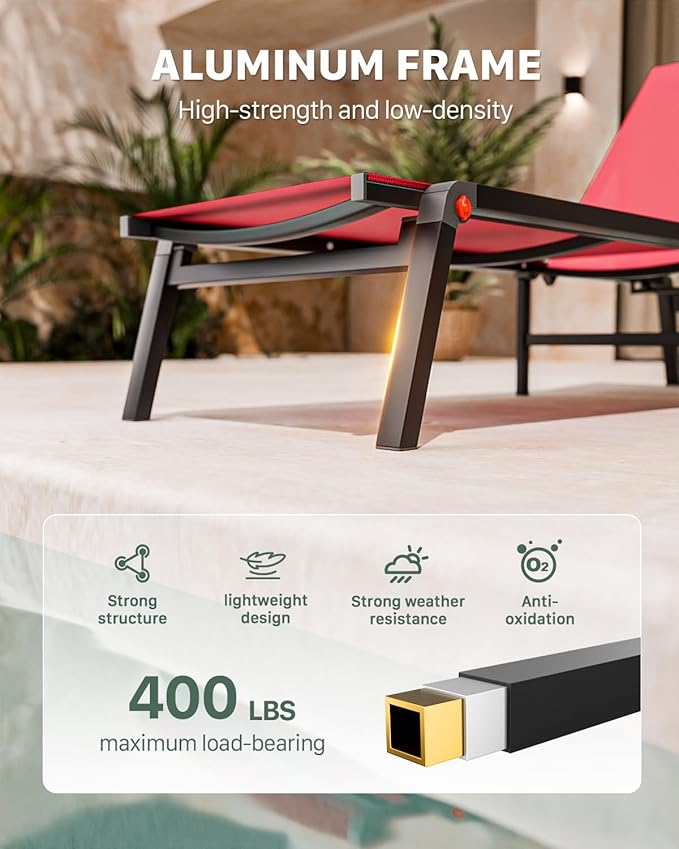 WOAJNQO Aluminum Patio Chaise Lounge Chair Set of 2 with Side Table,5-Position Adjustable Backrest,Foldable Lounge Chair Outdoor,Pool Lounge Chairs for Poolside,Lawn,Deck,Beach (Red, 2 Pack+Table)