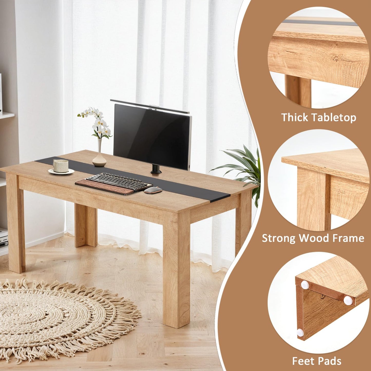 ECOTOUGE 63" Modern Computer Desk, Large Home Office Desk with L-Shaped Legs, Wooden Rustic Writing Table Workstation for Office, Study, Gaming, Natural & Black