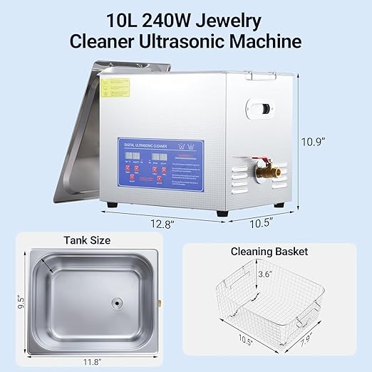 10L/2.64Gal Heavy-Duty Ultrasonic Cleaner 240W 40kHz - Industrial-Grade Heated Cleaning Machine with Digital Timer, for Watches, Eyeglasses, Jewelry, Dental Tools & Industrial Parts