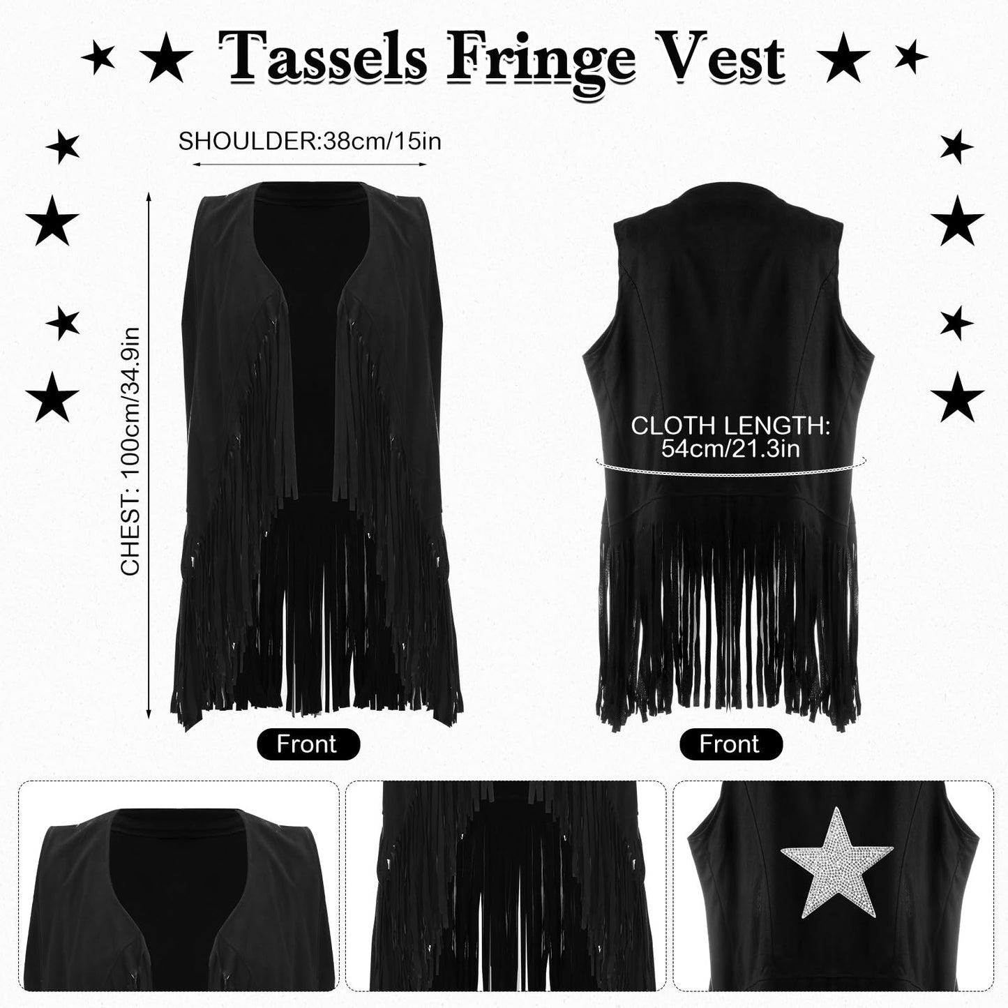 Tiamon Western Costume Accessories for Women Cowgirl Tassels Fringe Vest Cowboy Hat Rhinestone Earrings Glasses Paisley Bandana 70s Hippie Outfits(Black)