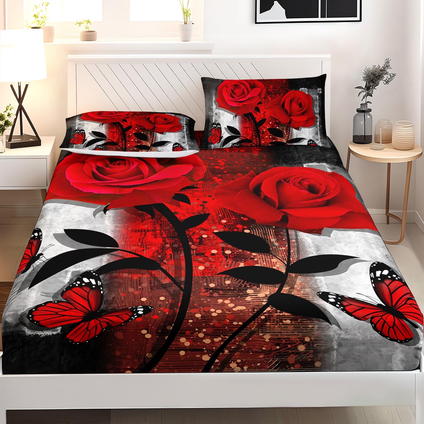 AILONEN Red Rose Fitted Sheet Set Queen Size, Grey Retro Couple Rose Bed Sheet Set,Romantic Floral Butterfly Sheet Set 3 Pieces, 1 Fitted Sheet and 2 Pillowcases